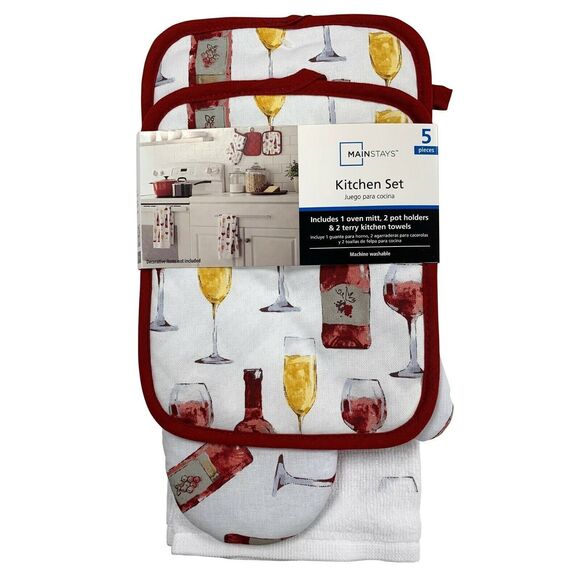 Wine Stack Sedona Kitchen Towels Oven Mitt Potholder White Red Gold 5pc Gift NEW - Picture 2 of 7